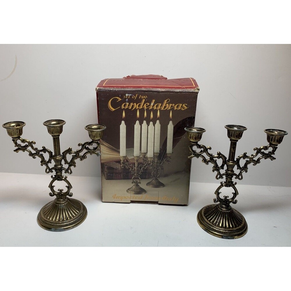 Vtg Pair Mini Brass Candelabra Candleholders Ornate Interpur Italy 5" No Candles